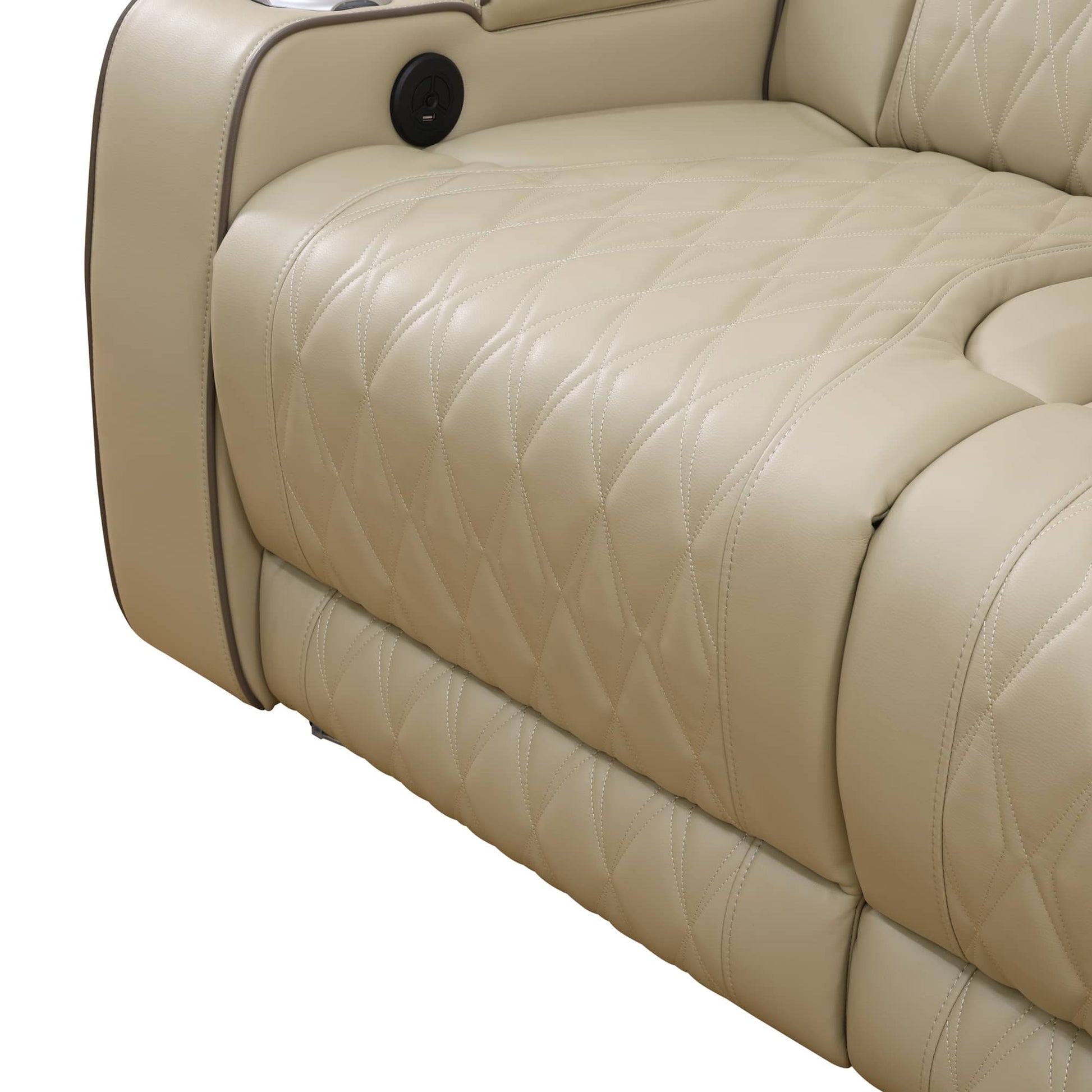 Beige leather recliner with quilted pattern on a white background