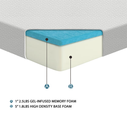 Side profile of Alatir 6-inch mattress showcasing dual-layer construction with 1-inch gel memory foam and 5-inch high-density base foam