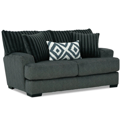 Loughlin Collection loveseat showcasing reversible zippered cushions, bolt-on removable arms, and solid wood construction in gun metal chenille – available at Paty Furniture in Tacoma, Kent, and Burien.
