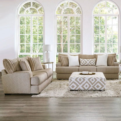 Loughlin Collection living room set featuring a sofa, loveseat, chair, swivel chair, and ottoman in Light Brown chenille upholstery with channel-tufted cushions and wooden legs – available at Paty Furniture in Tacoma, Kent, and Burien.

