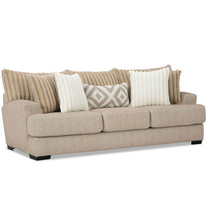 Side profile of the Loughlin Collection sofa emphasizing the padded arms, T-seat cushions, and transitional design in Light Brown chenille – available at Paty Furniture in Tacoma, Kent, and Burien.