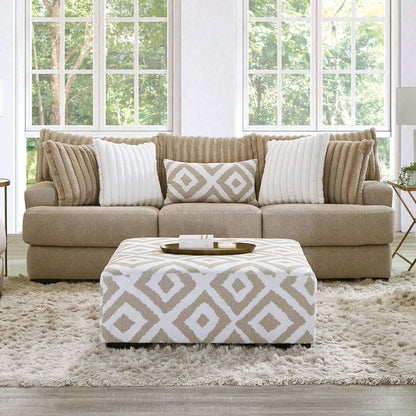 Loughlin Collection sofa with ultra-soft back cushions, channel tufting, padded arms, and T-seat cushions in Light brown chenille fabric – available at Paty Furniture in Tacoma, Kent, and Burien.