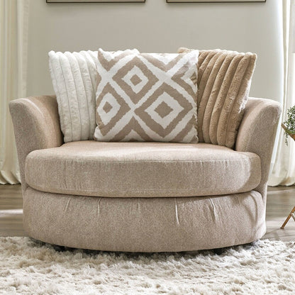 Loughlin Collection swivel chair with a spacious 58-inch width, ultra-soft back cushions, and 360-degree rotation in light brown chenille – available at Paty Furniture in Tacoma, Kent, and Burien.

