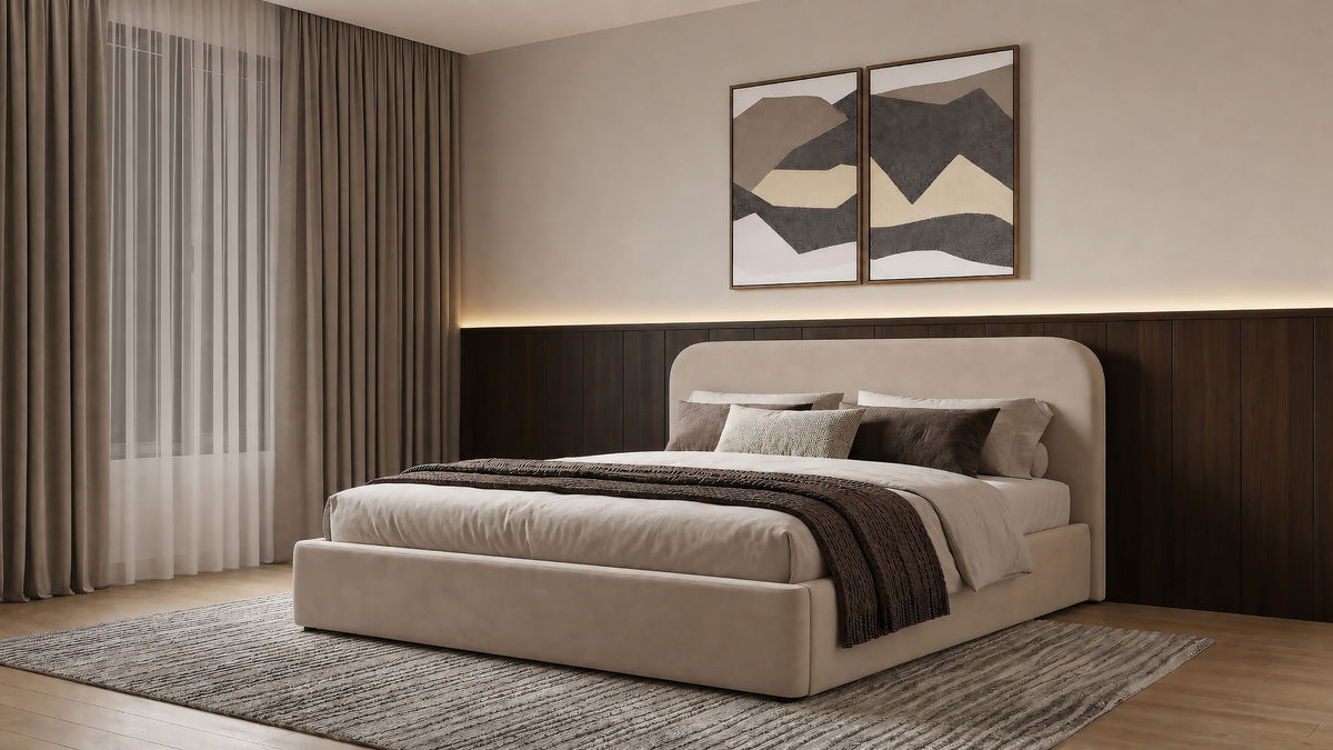 Anders beige upholstered lift-storage bed detail view 2