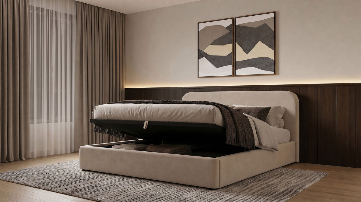 Anders beige upholstered lift-storage bed detail view 11