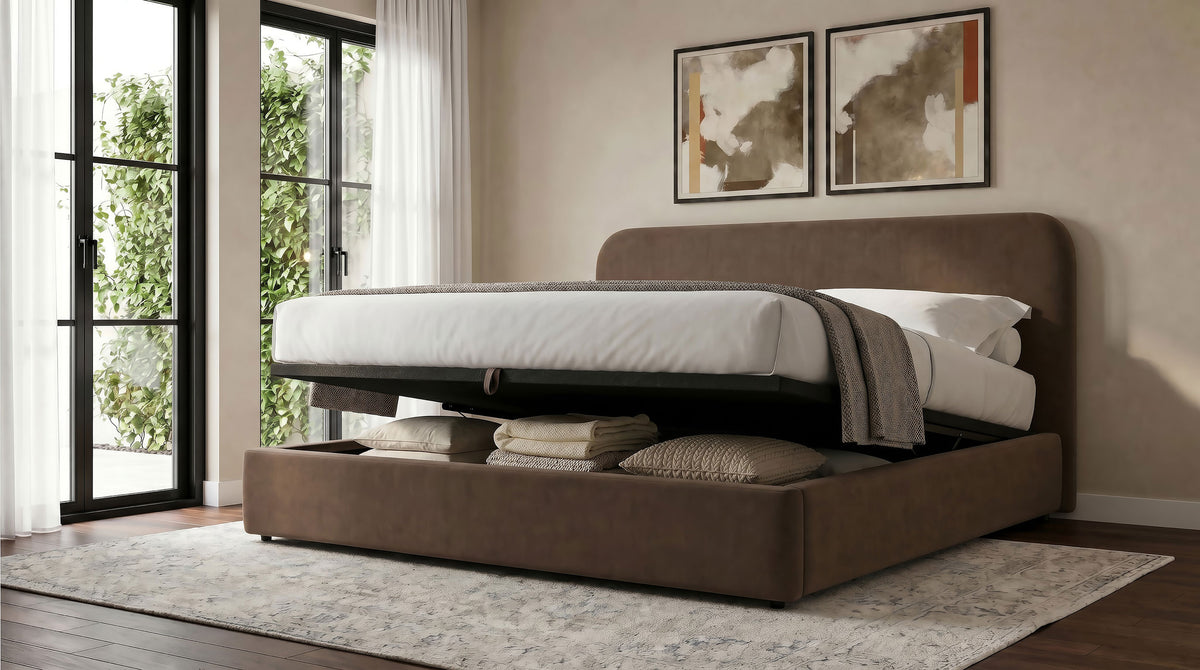 Anders chocolate upholstered lift-storage bed detail view 11