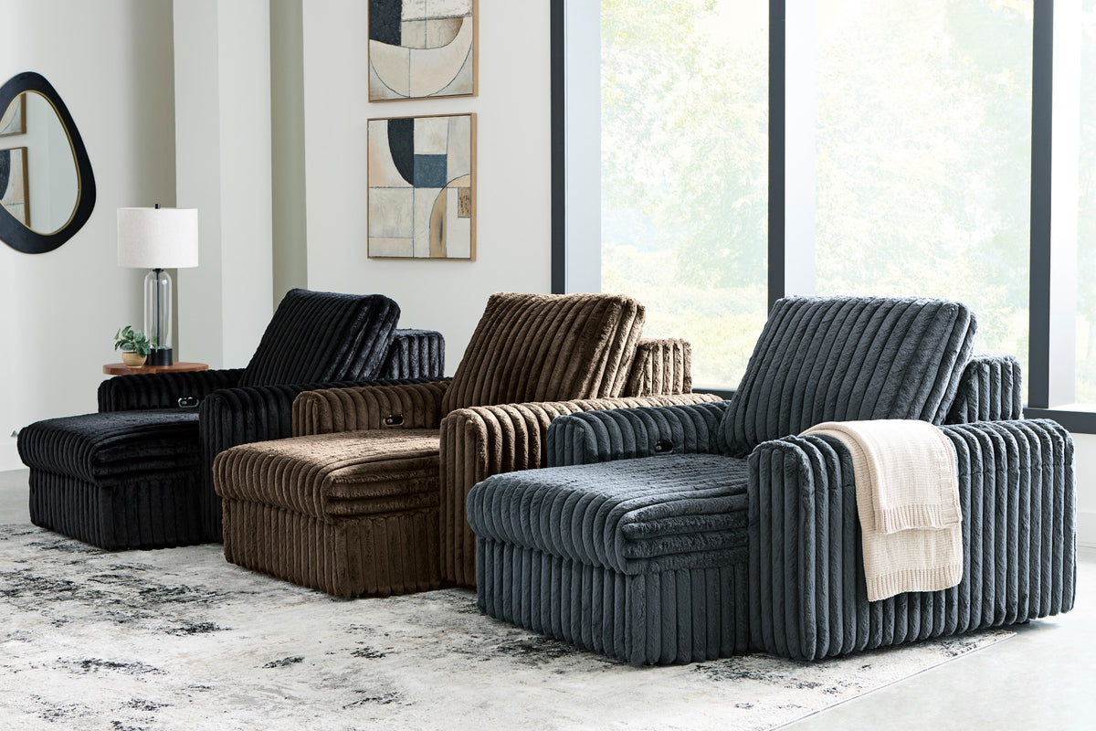 Chalmers power gliding chaise in Onyx, Chocolate and Gunmetal - open