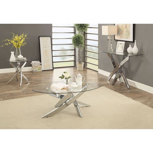 Modern glass coffee table with metal legs in a living room setting.