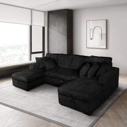 Black Riverton corduroy storage sleeper sectional, angled view