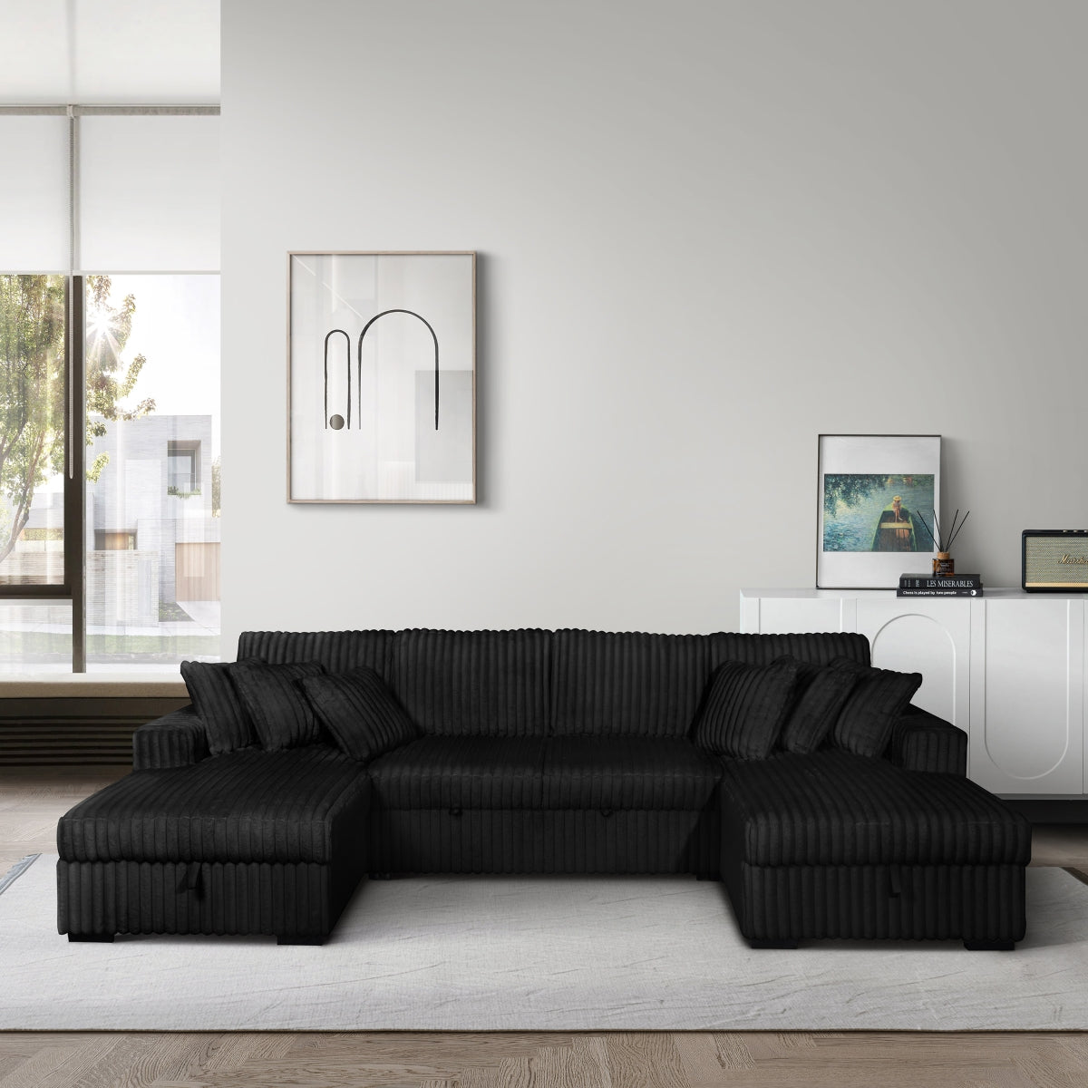 Black Riverton 3-piece corduroy storage sleeper sectional, front view