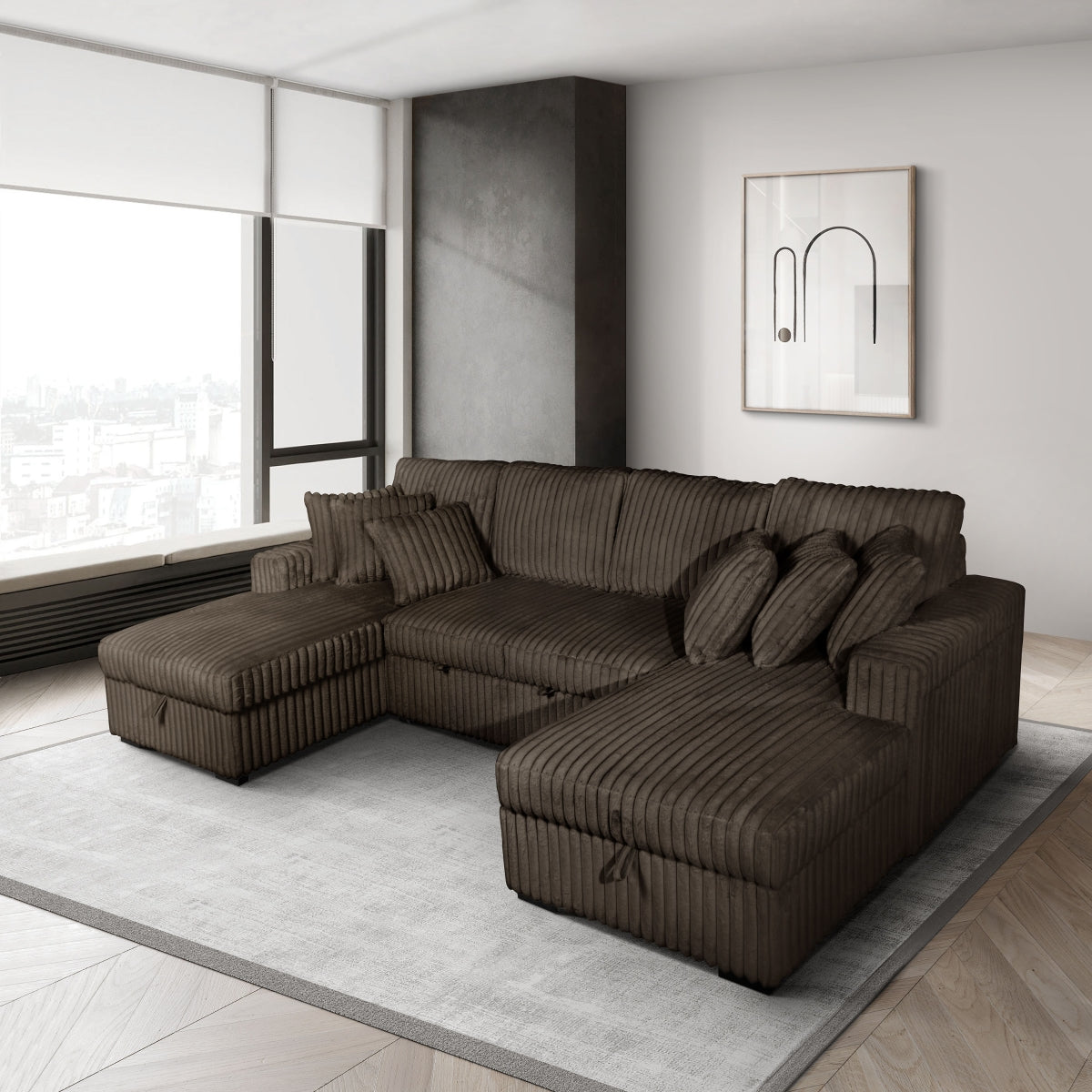Chocolate Riverton corduroy storage sleeper sectional, angled view