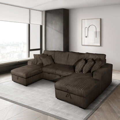 Chocolate Riverton corduroy storage sleeper sectional, angled view