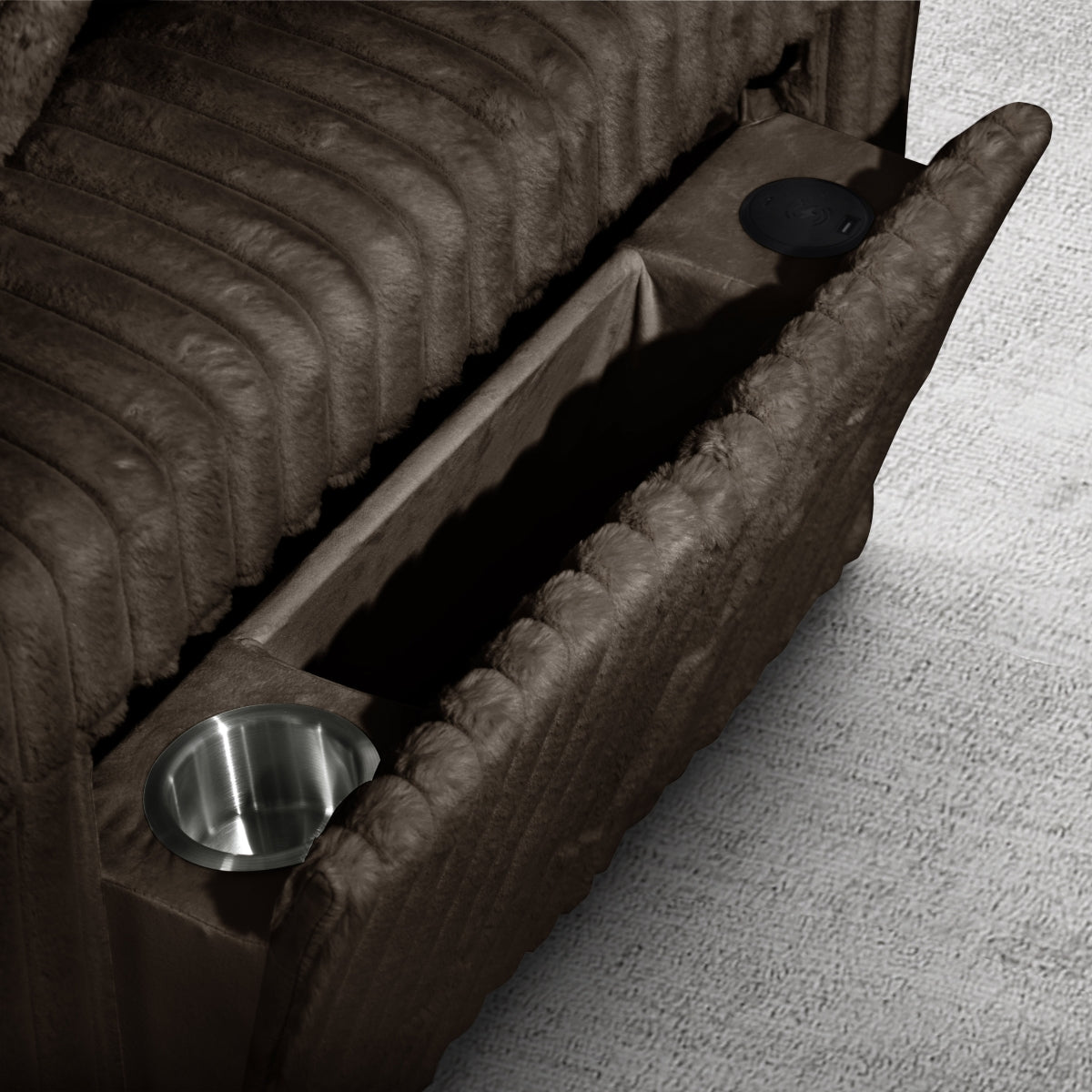 Chocolate Riverton sectional arm storage compartment and cup holder
