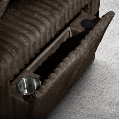 Chocolate Riverton sectional arm storage compartment and cup holder