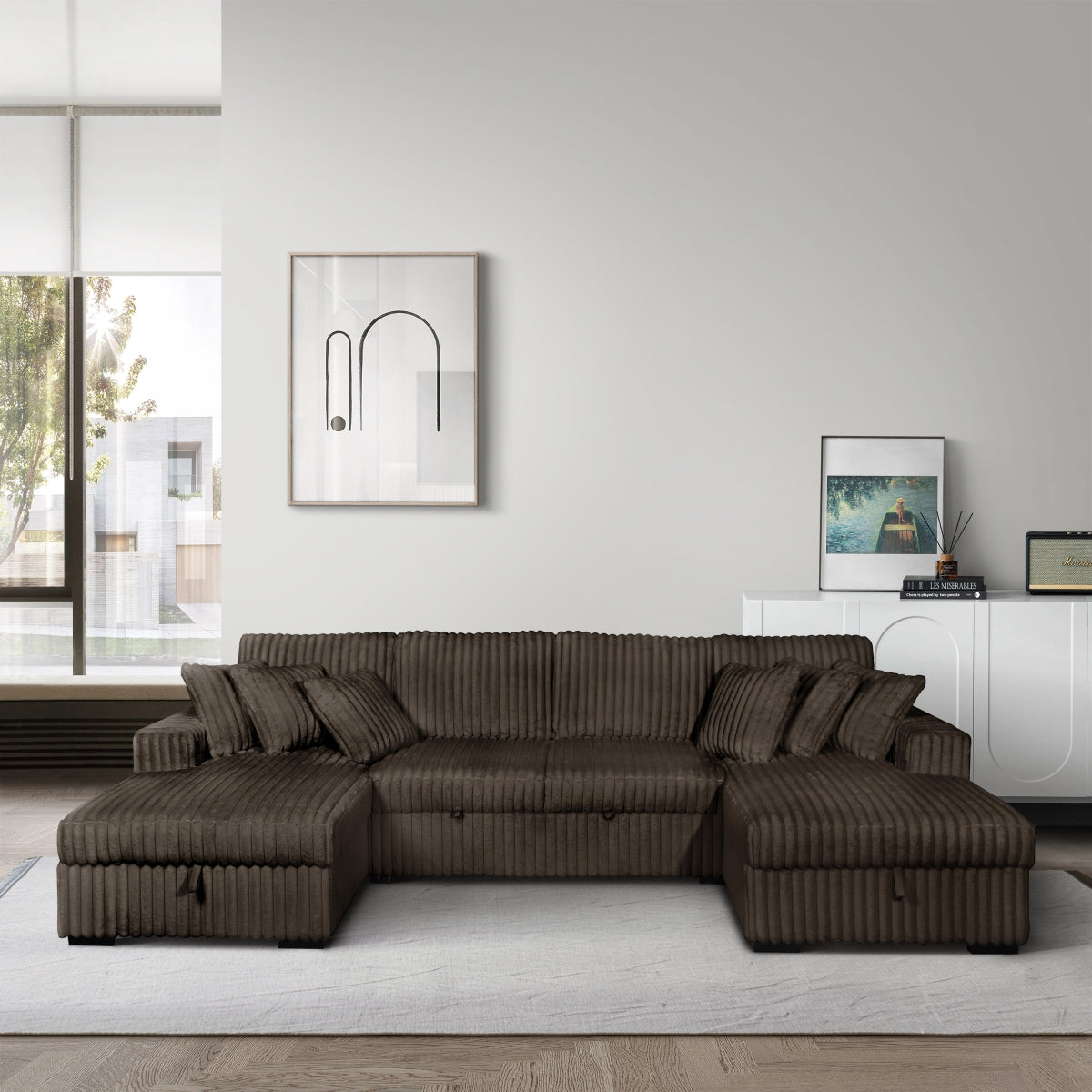 Chocolate Riverton 3-piece corduroy storage sleeper sectional, front view