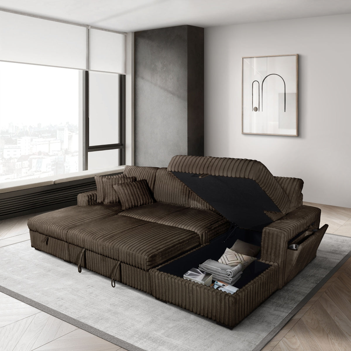 Chocolate Riverton sectional with pop-up sleeper and storage chaises open