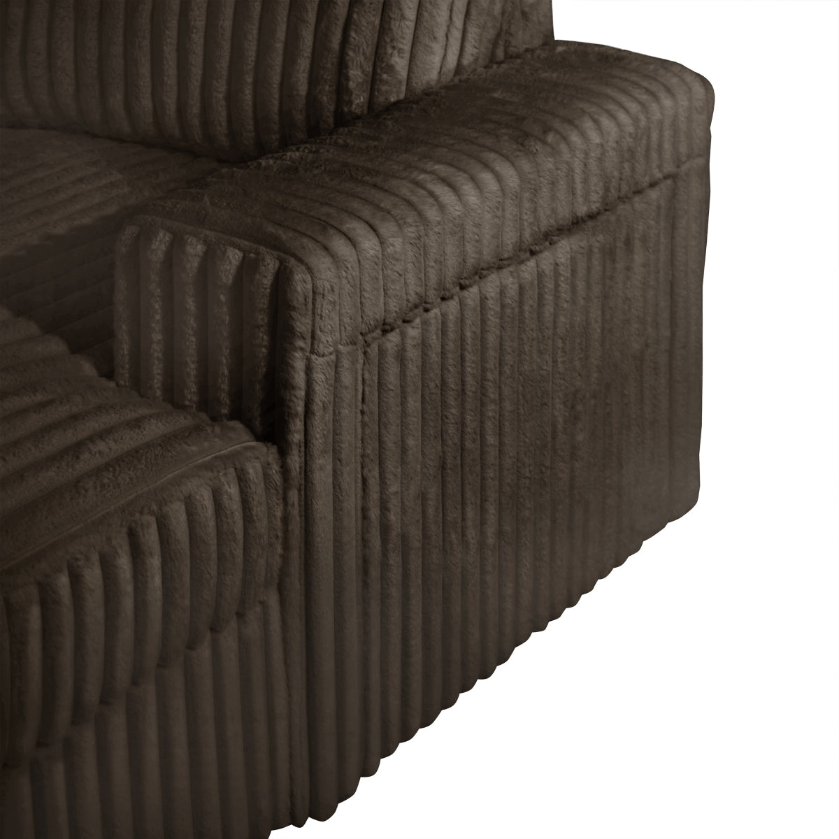 Chocolate Riverton corduroy sectional upholstery and arm detail