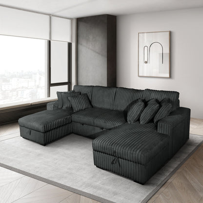 Dark grey Riverton corduroy storage sleeper sectional, angled view