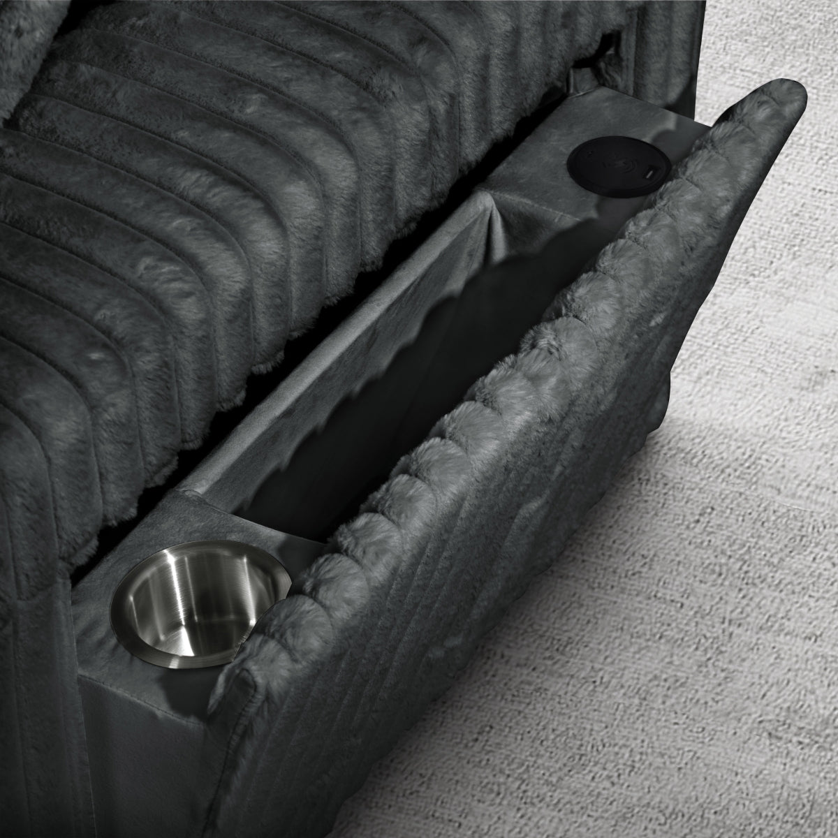 Dark grey Riverton sectional arm storage compartment and cup holder