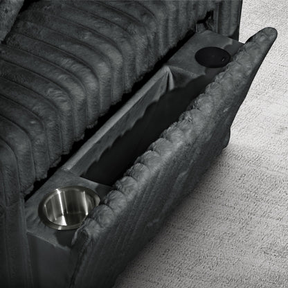 Dark grey Riverton sectional arm storage compartment and cup holder
