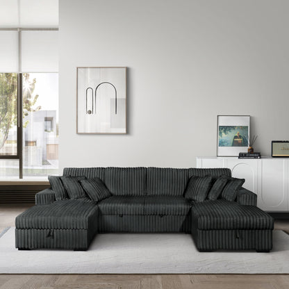 Dark grey Riverton 3-piece corduroy storage sleeper sectional, front view
