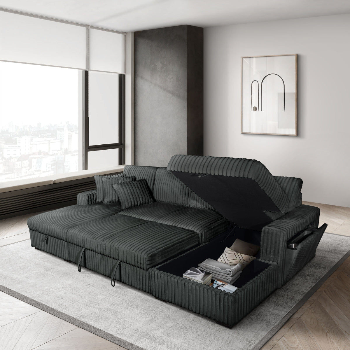 Dark grey Riverton sectional with pop-up sleeper and storage chaises open