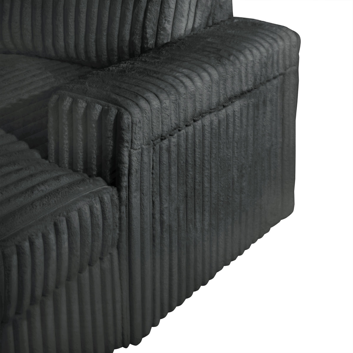 Dark grey Riverton corduroy sectional upholstery and arm detail