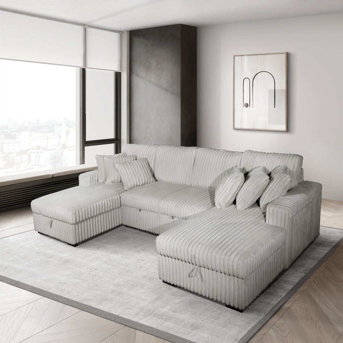 Silver Riverton corduroy storage sleeper sectional, angled view