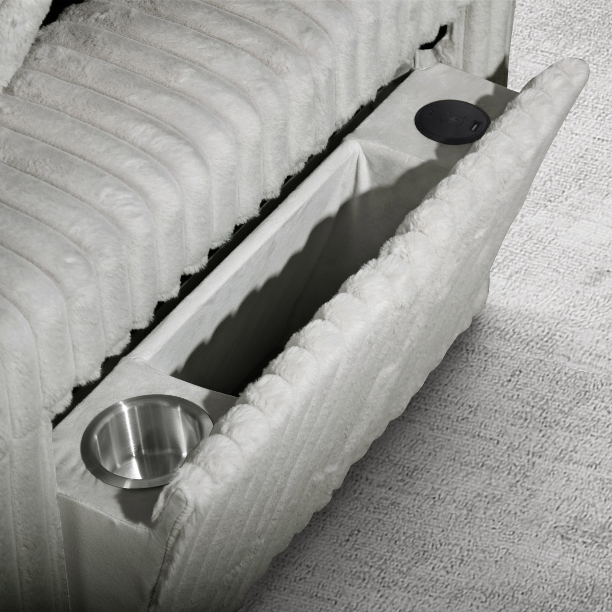 Silver Riverton sectional arm storage compartment and cup holder