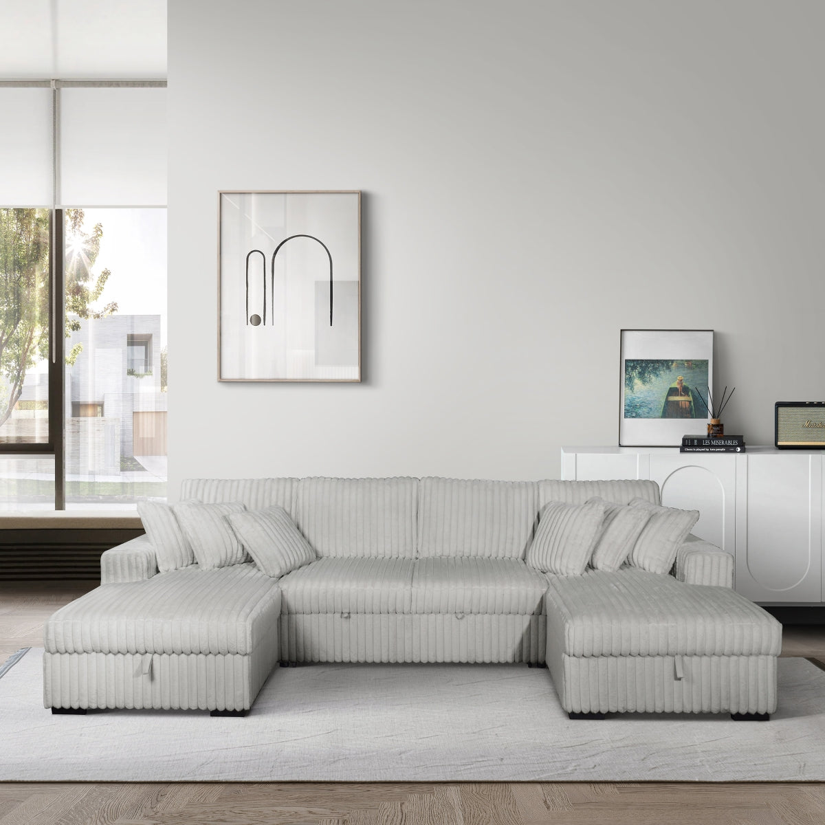 Silver Riverton 3-piece corduroy storage sleeper sectional, front view