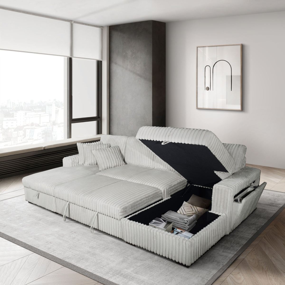Silver Riverton sectional with pop-up sleeper and storage chaises open
