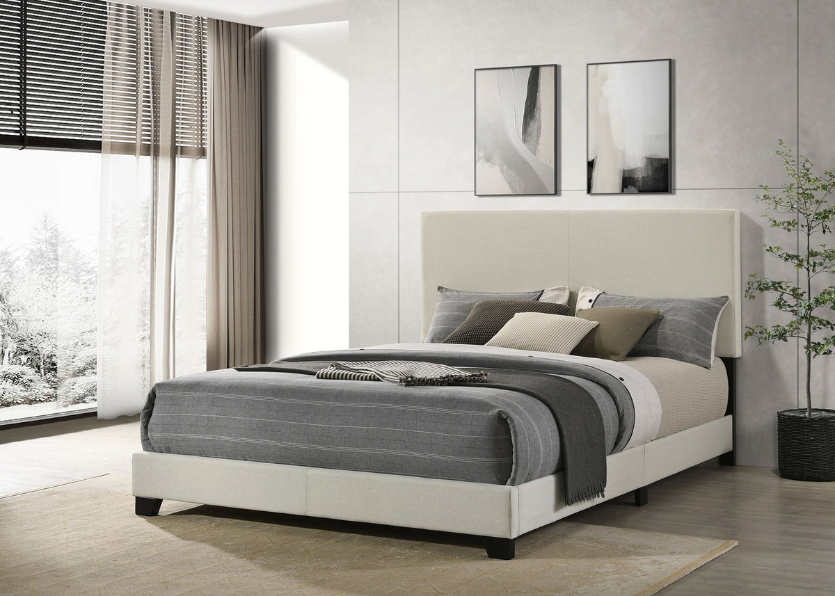 Dorian cream fabric upholstered queen panel bed, alternate view