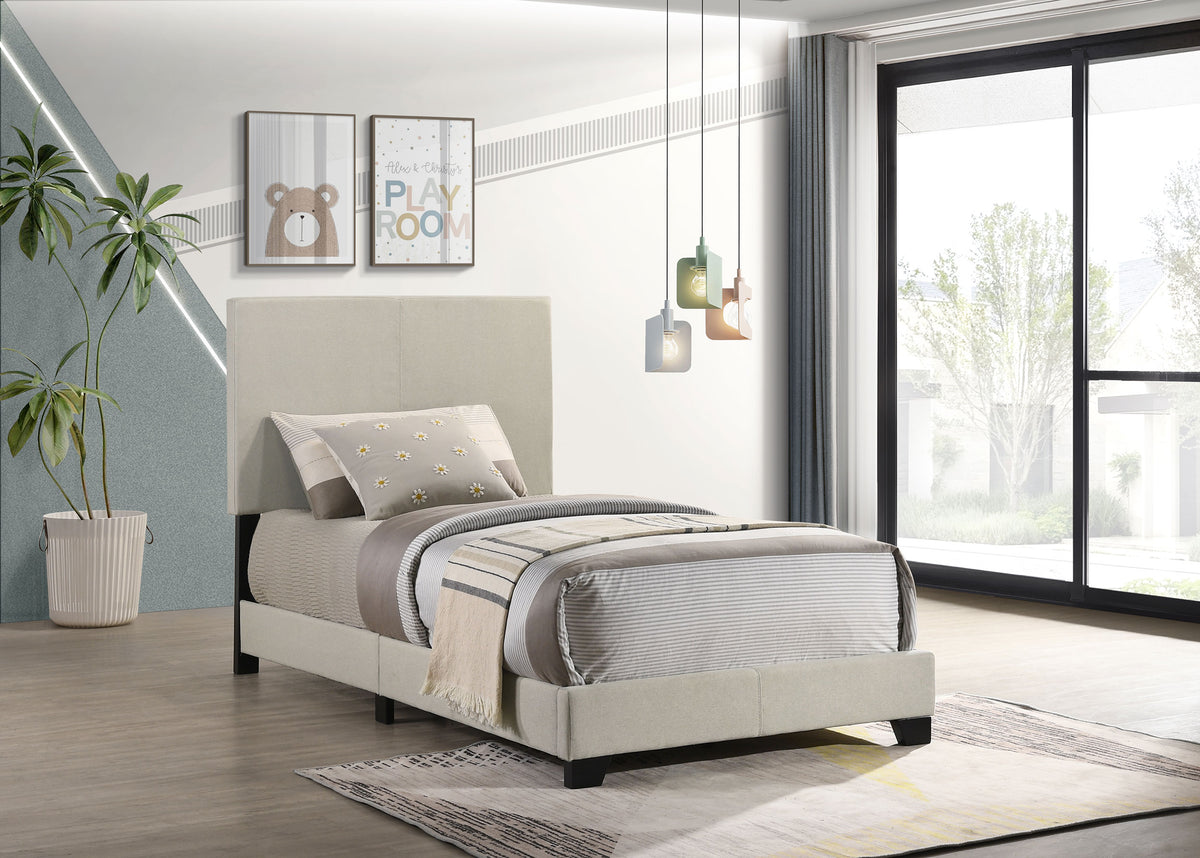 Dorian cream fabric upholstered twin panel bed, alternate view