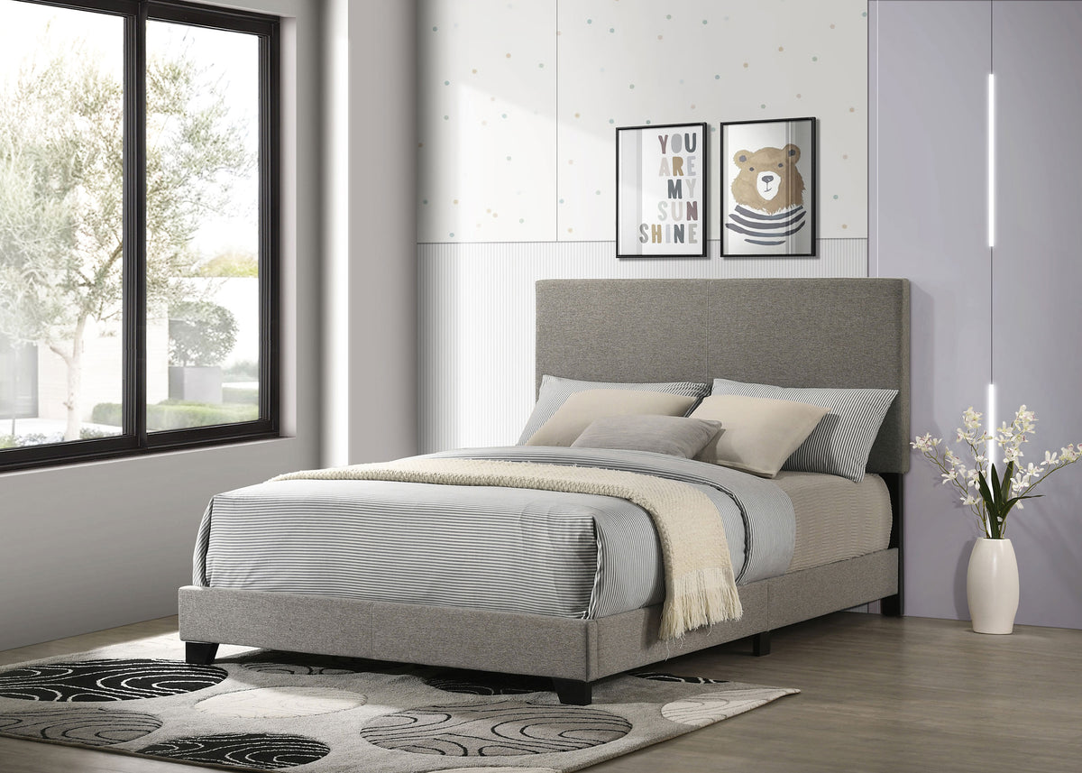 Dorian taupe fabric upholstered full panel bed, alternate view