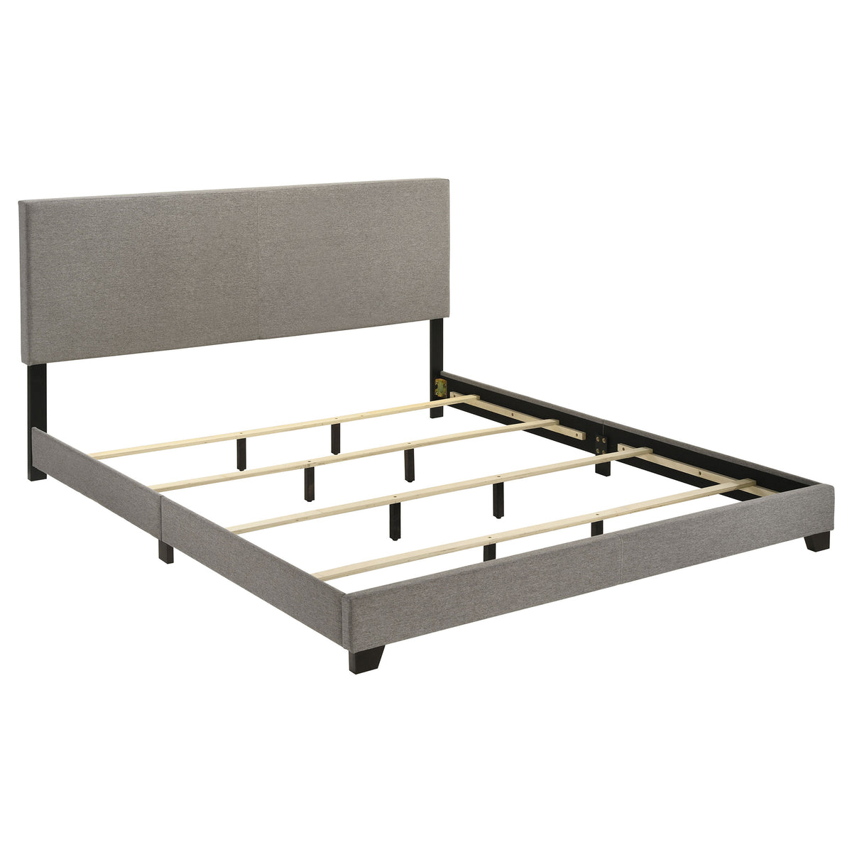 Dorian taupe fabric upholstered king panel bed, detail view