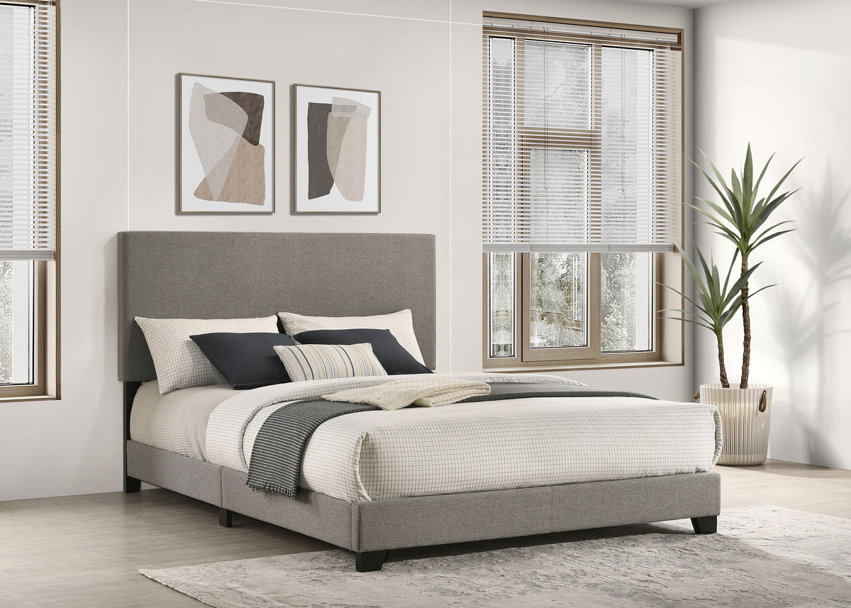 Dorian taupe fabric upholstered queen panel bed, alternate view