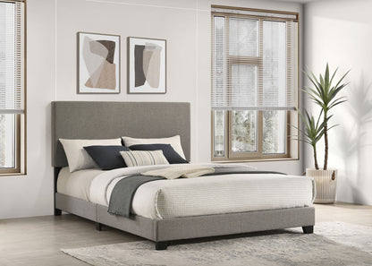 Dorian taupe fabric upholstered queen panel bed, alternate view