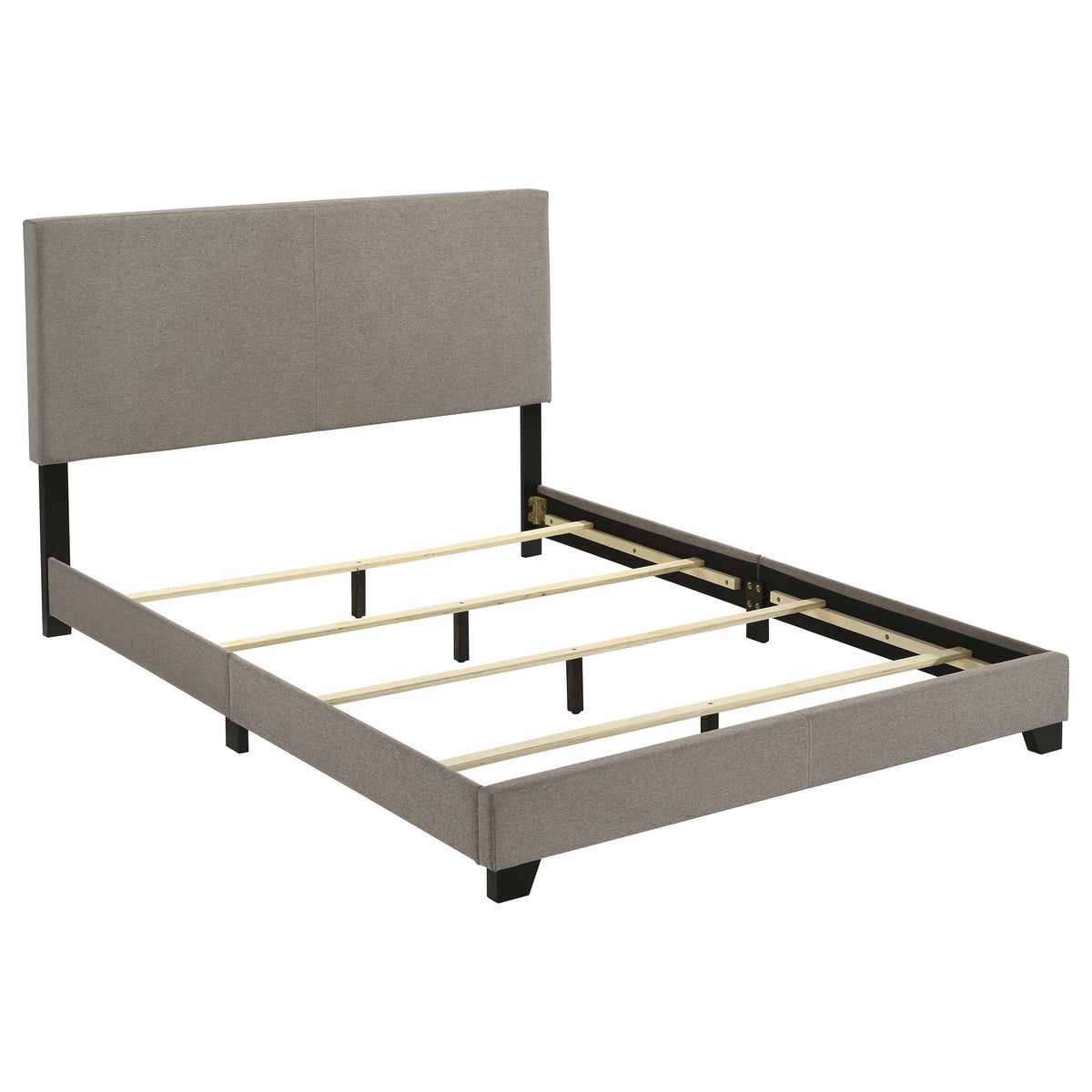 Dorian taupe fabric upholstered queen panel bed, detail view
