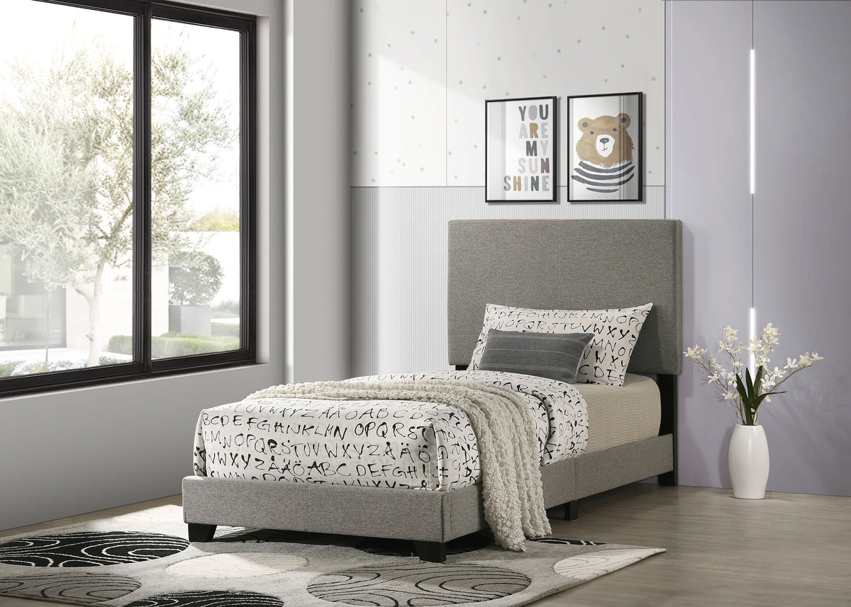 Dorian taupe fabric upholstered twin panel bed, alternate view
