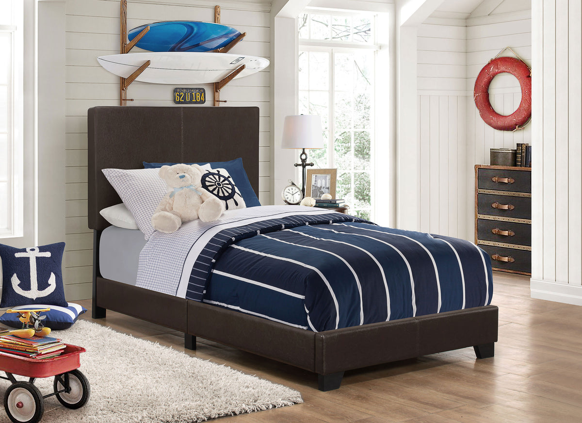 Dorian brown faux leather upholstered twin panel bed, alternate view