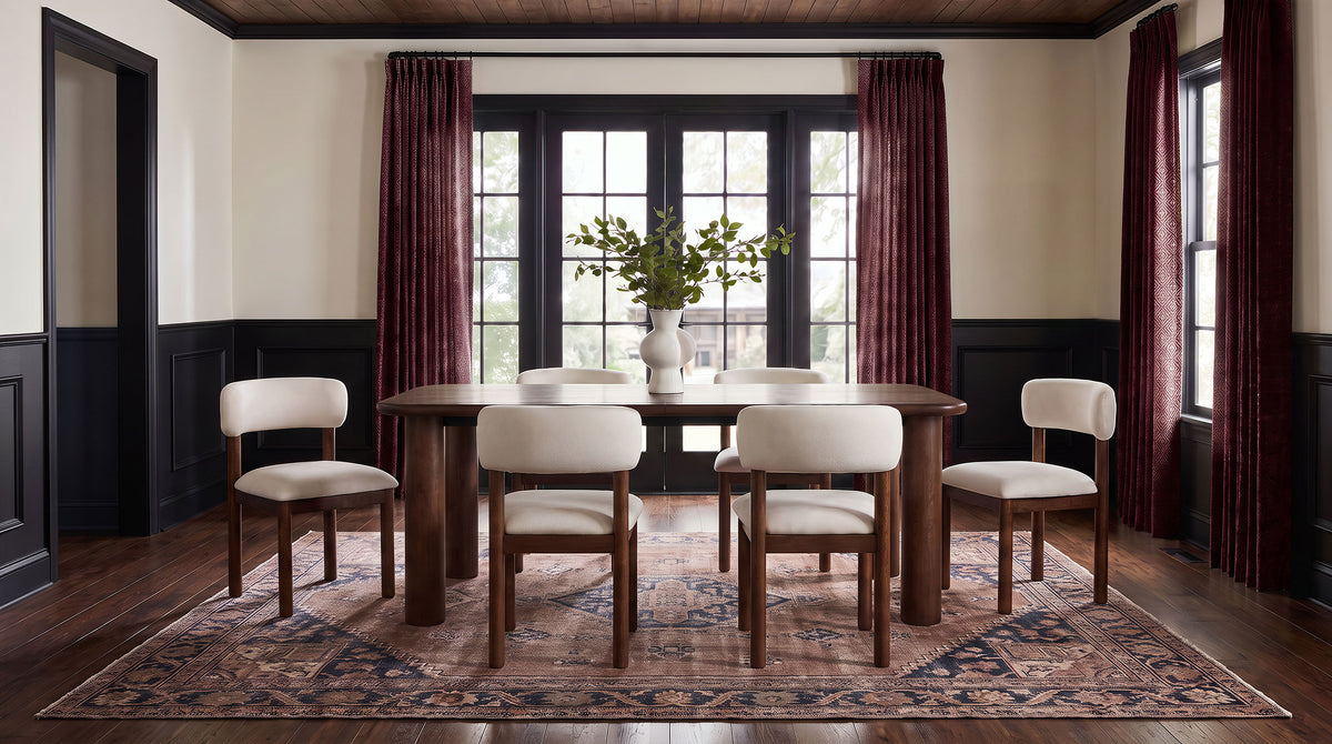 Faulkner 7-piece extension dining set in brown oak with six cream upholstered chairs
