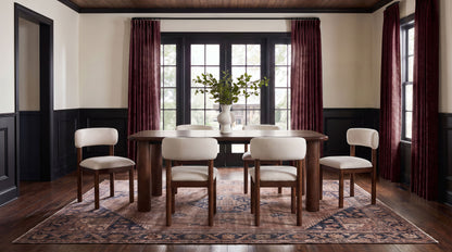 Faulkner 7-piece extension dining set in brown oak with six cream upholstered chairs