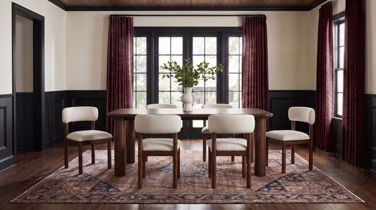 Faulkner 7-piece extension dining set in brown oak with six cream upholstered chairs