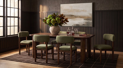 Faulkner 7-piece extension dining set in brown oak with six moss green upholstered chairs