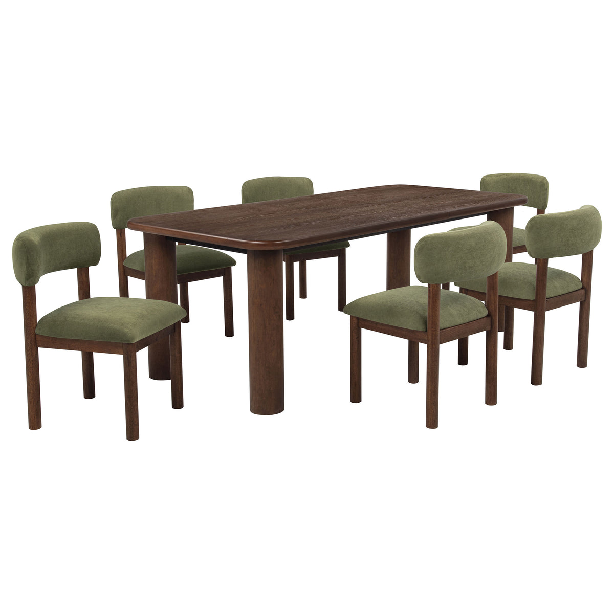 Faulkner brown oak extension dining table and moss green upholstered chairs