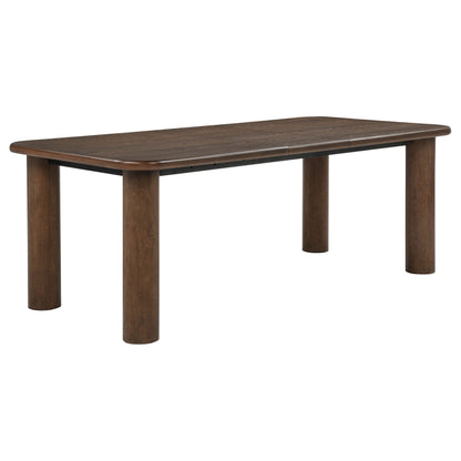 Faulkner brown oak extension dining table with rounded corners and cylindrical legs