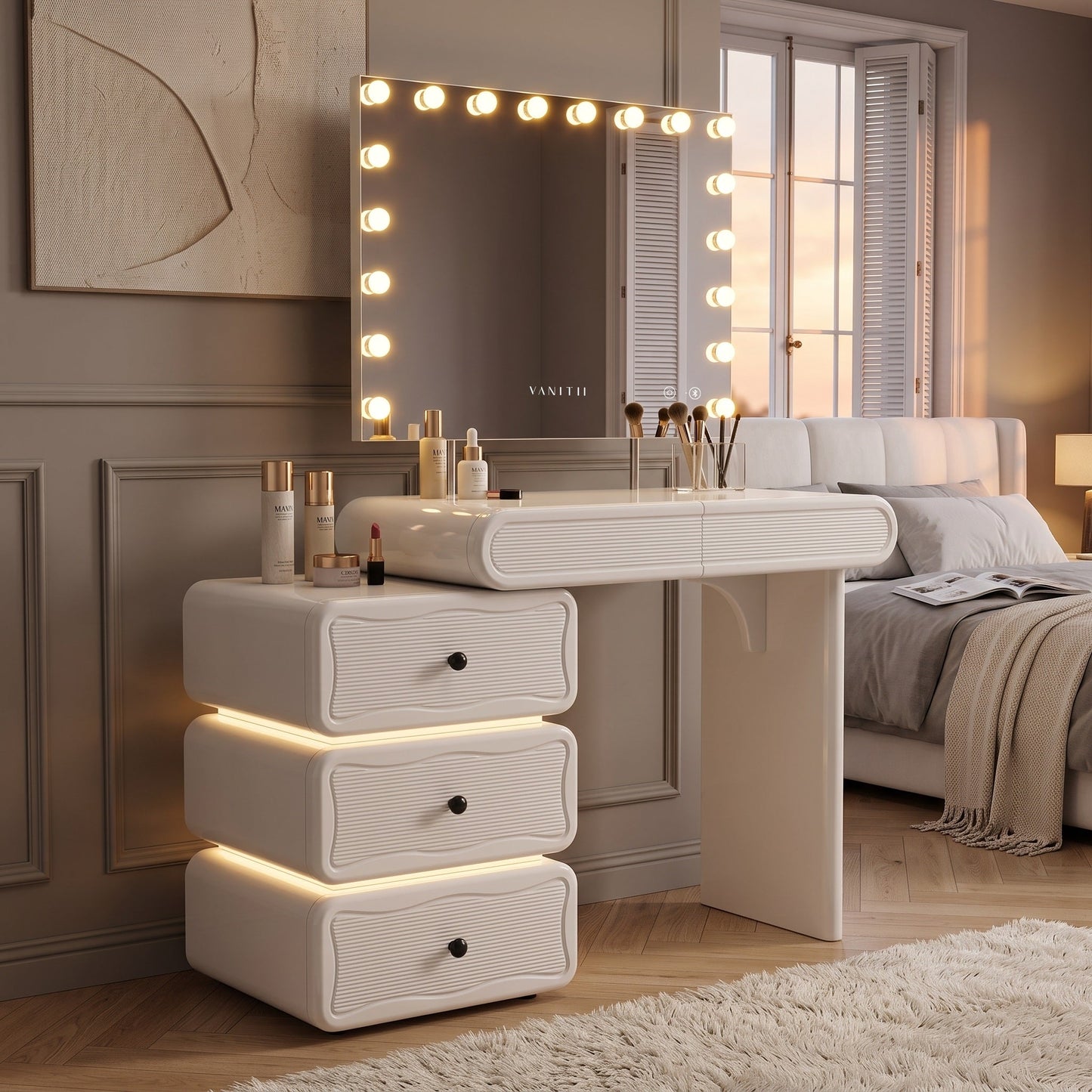 Jenny white vanity desk set with adjustable drawers and LED Hollywood mirror