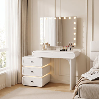 Jenny vanity desk expanded to full width with movable drawer cabinet