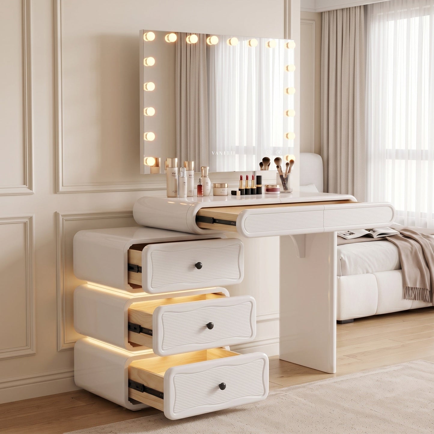 Jenny vanity desk compact configuration with sliding storage drawers