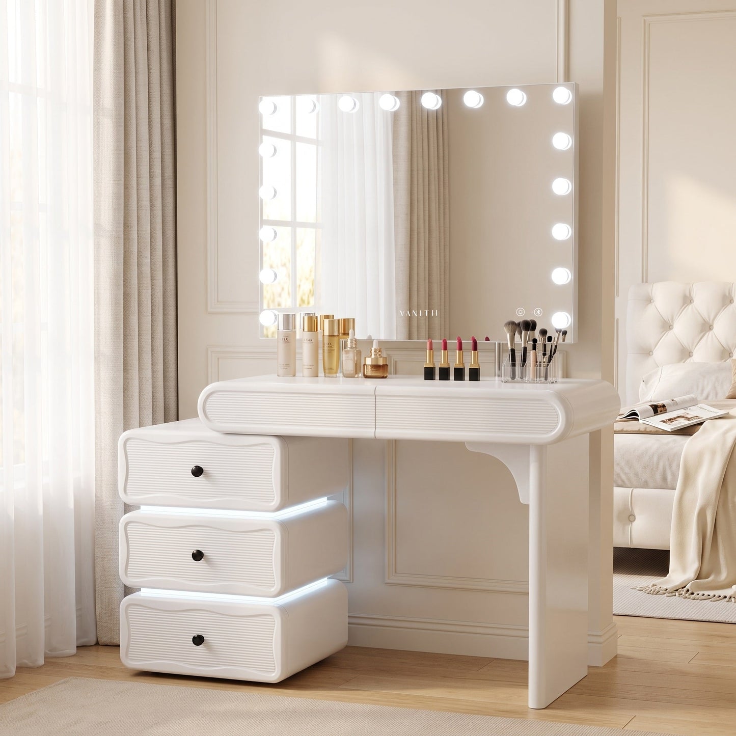 Jenny vanity tempered glass tabletop with RGB accent lighting